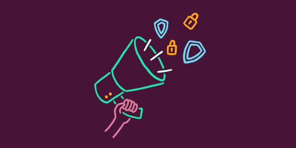 An illustration of a hand holding a megaphone with shield and lock icons blaring out