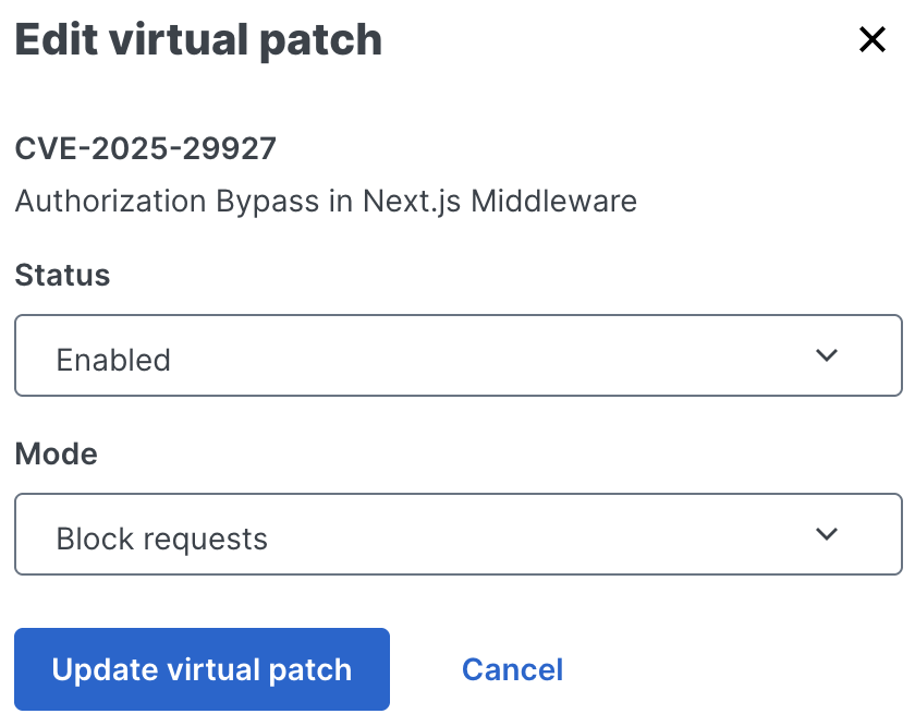 The form to enable the CVE-2024-34102 virtual patch in blocking mode