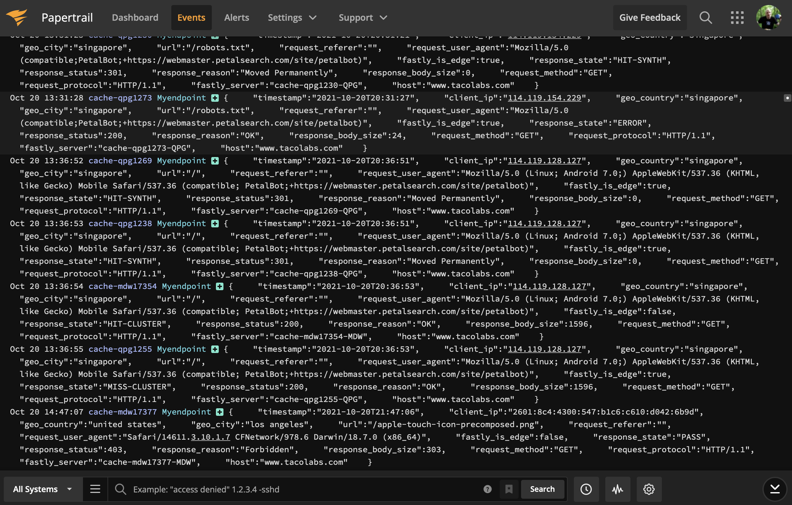 Reviewing logs in Papertrail