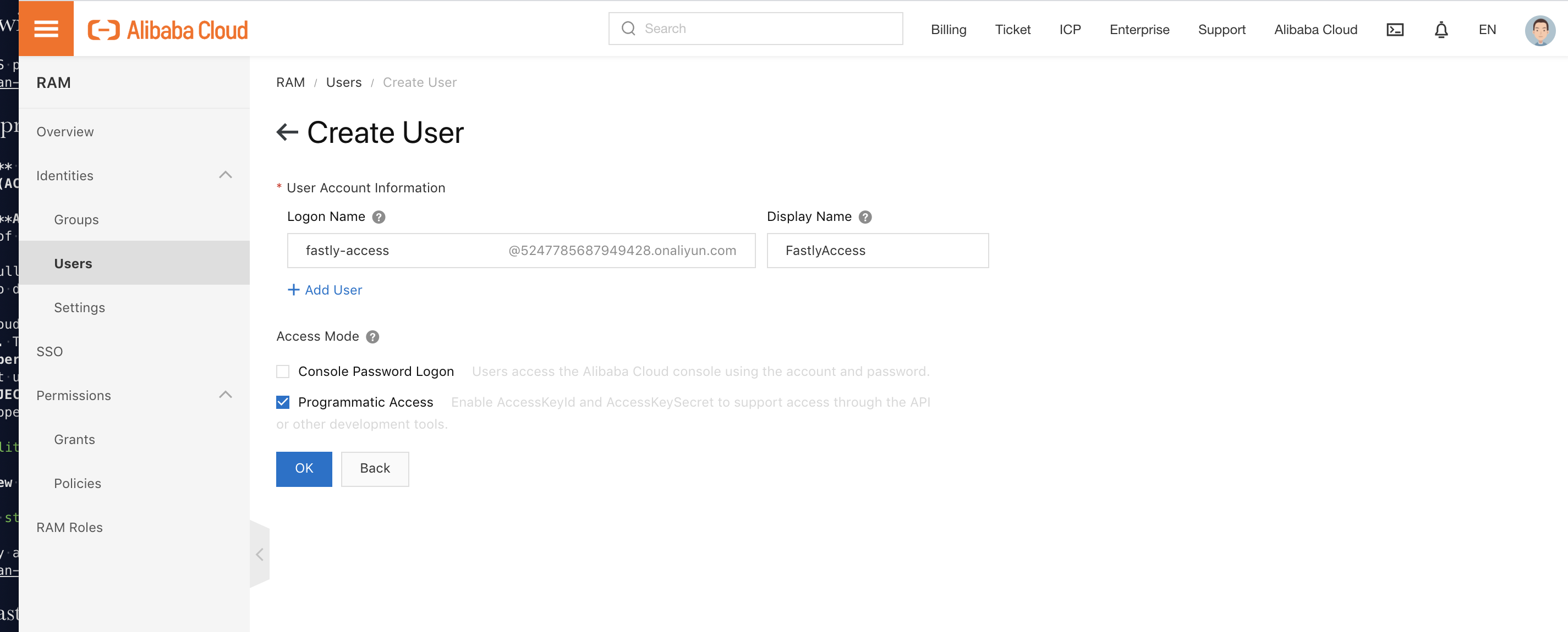 Alibaba Cloud Create RAM User