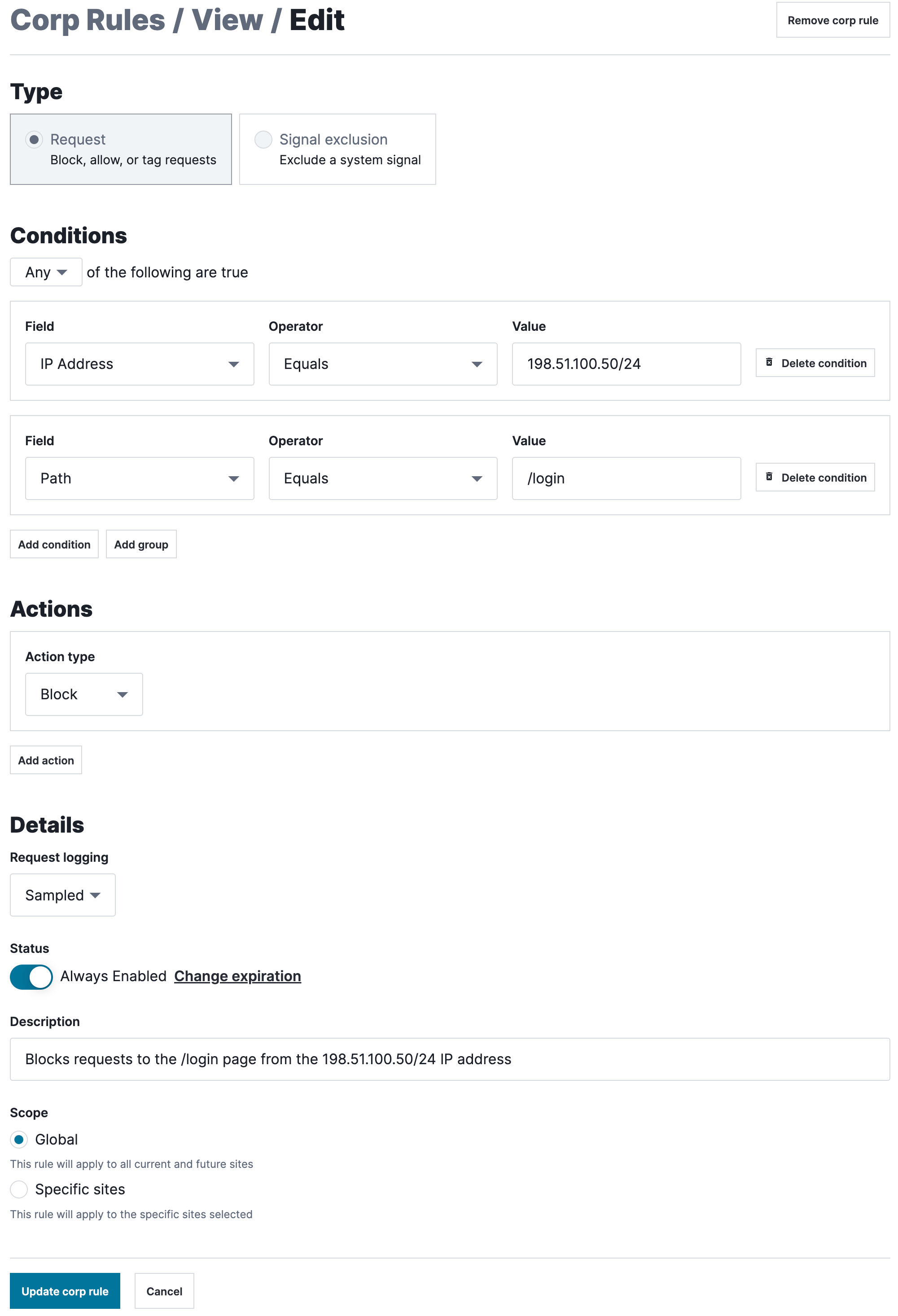 A request rule designed to block requests to the '/login' page from the IP address '198.51.100.0/24', as described above.