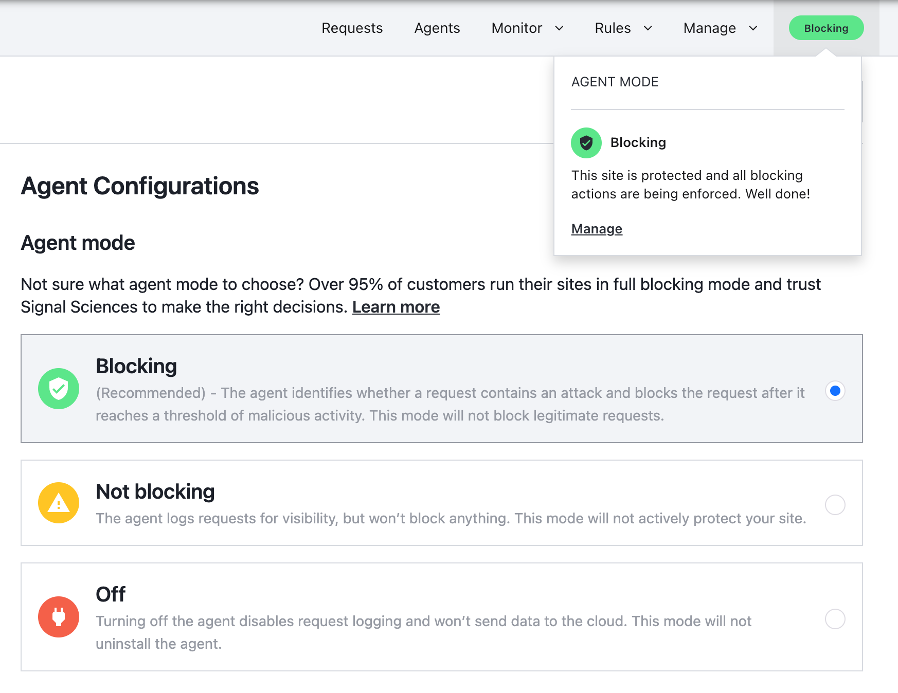 The agent mode selection page.