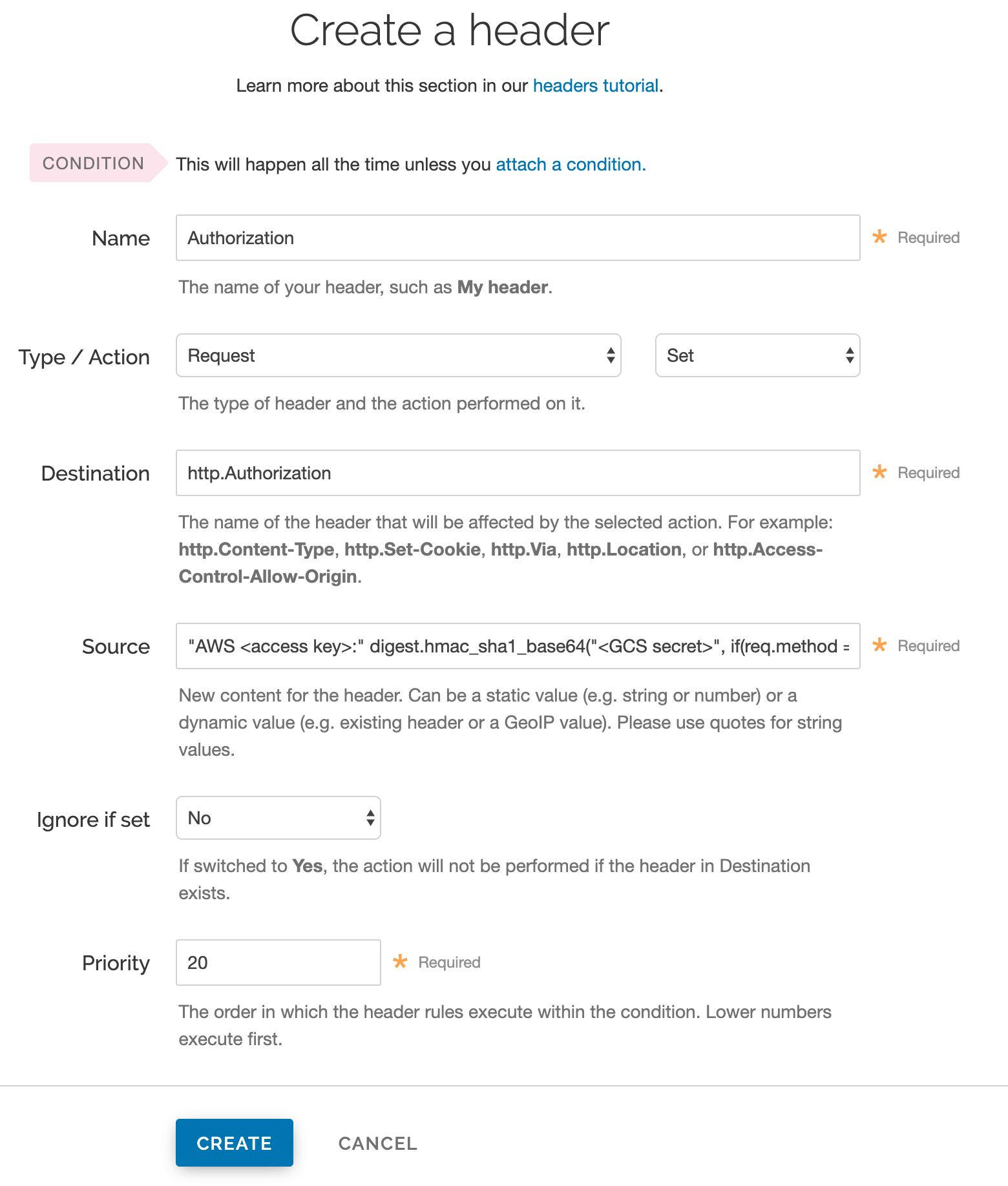 creating an authorization header via the header page