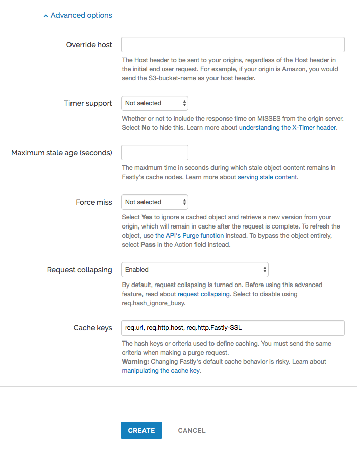 the advanced options of a new request setting page showing the contents of the cache keys field