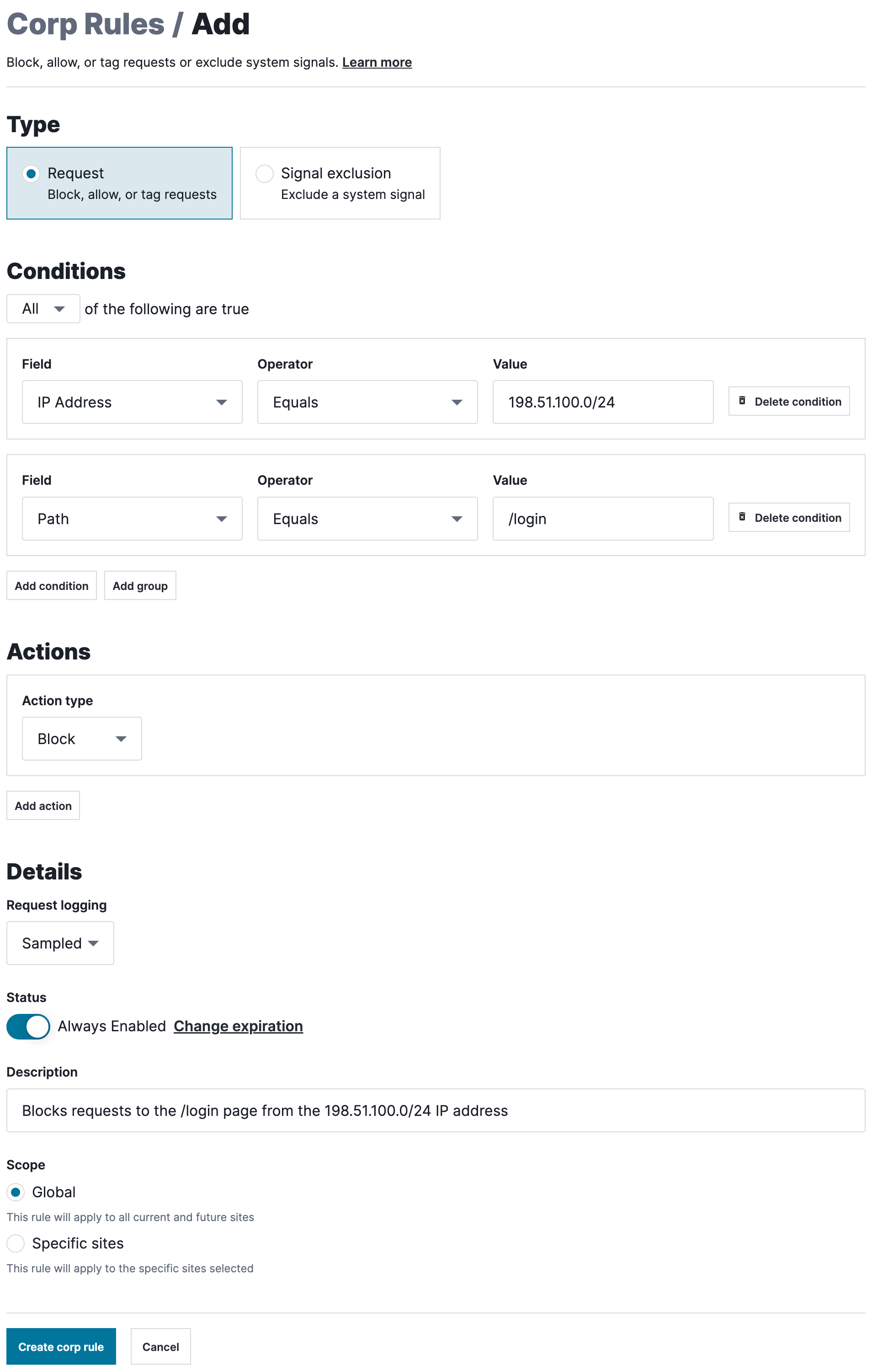A request rule designed to block requests to the '/login' page from the IP address '198.51.100.0/24', as described above.