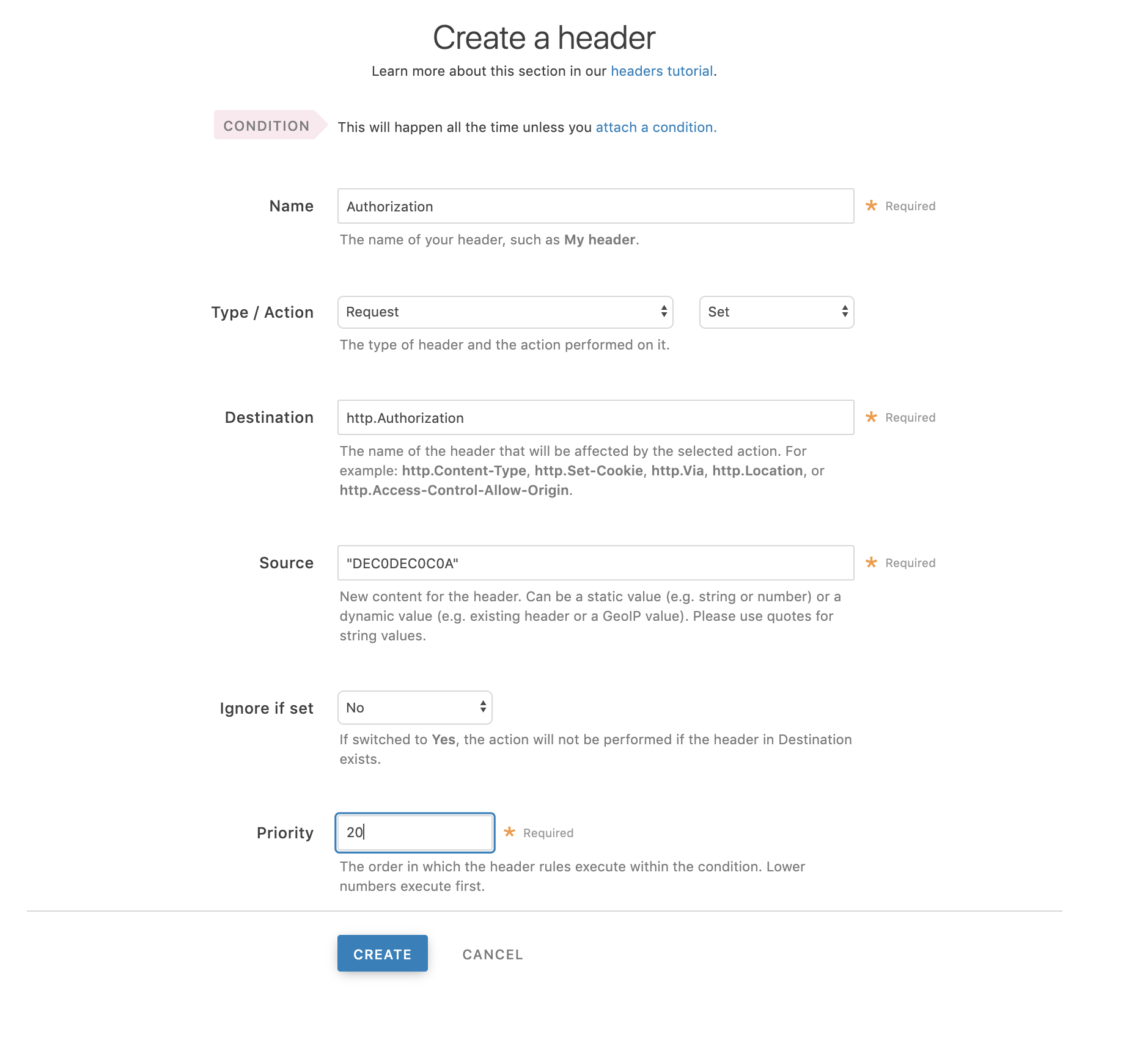 creating an authorization header via the header page