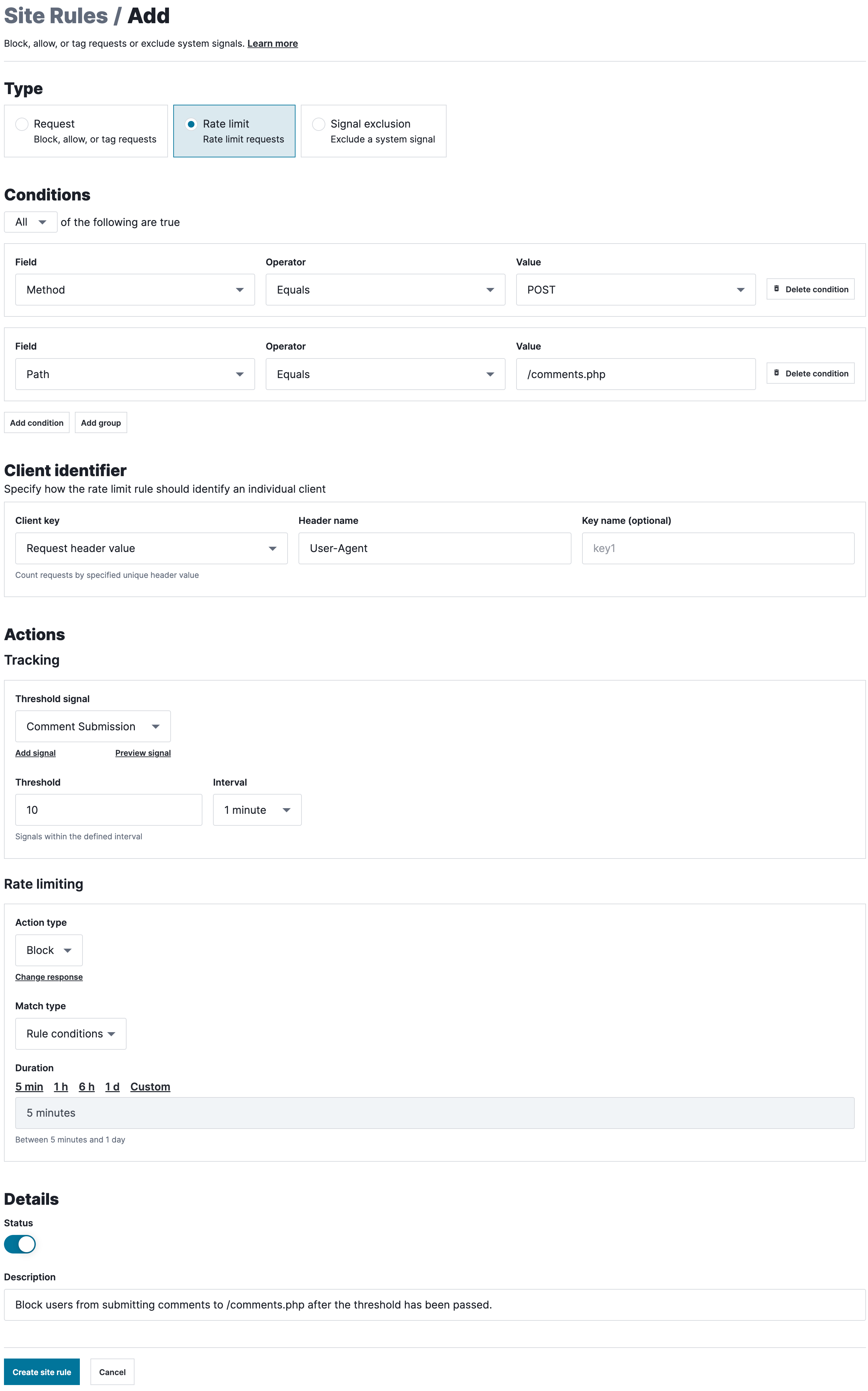 An example rule that rate limits comment submissions, as described above